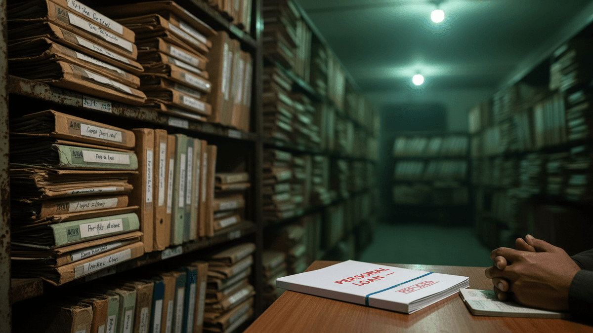 A "Personal Loan - Refused" application sits on a desk next to clasped hands, with shelves of old files in the background.