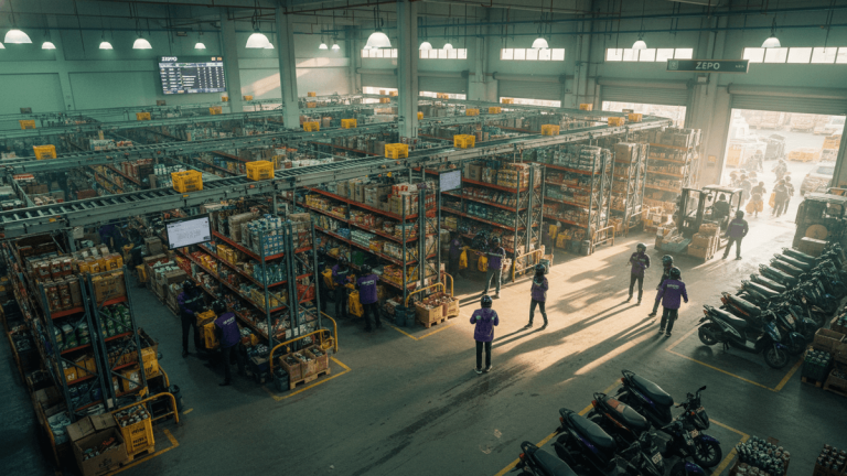 An aerial, wide shot of a Zepto dark store. Shelves filled with products line the warehouse floor. Workers in purple uniforms are visible throughout. On the right, a line of motorcycles is parked, and a loading dock area is illuminated by bright sunlight.