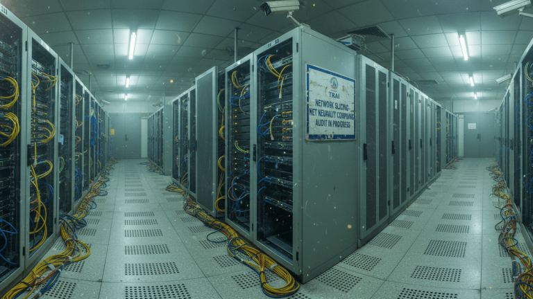Wide shot of a brightly lit server room with rows of open server racks and a prominent audit notice.
