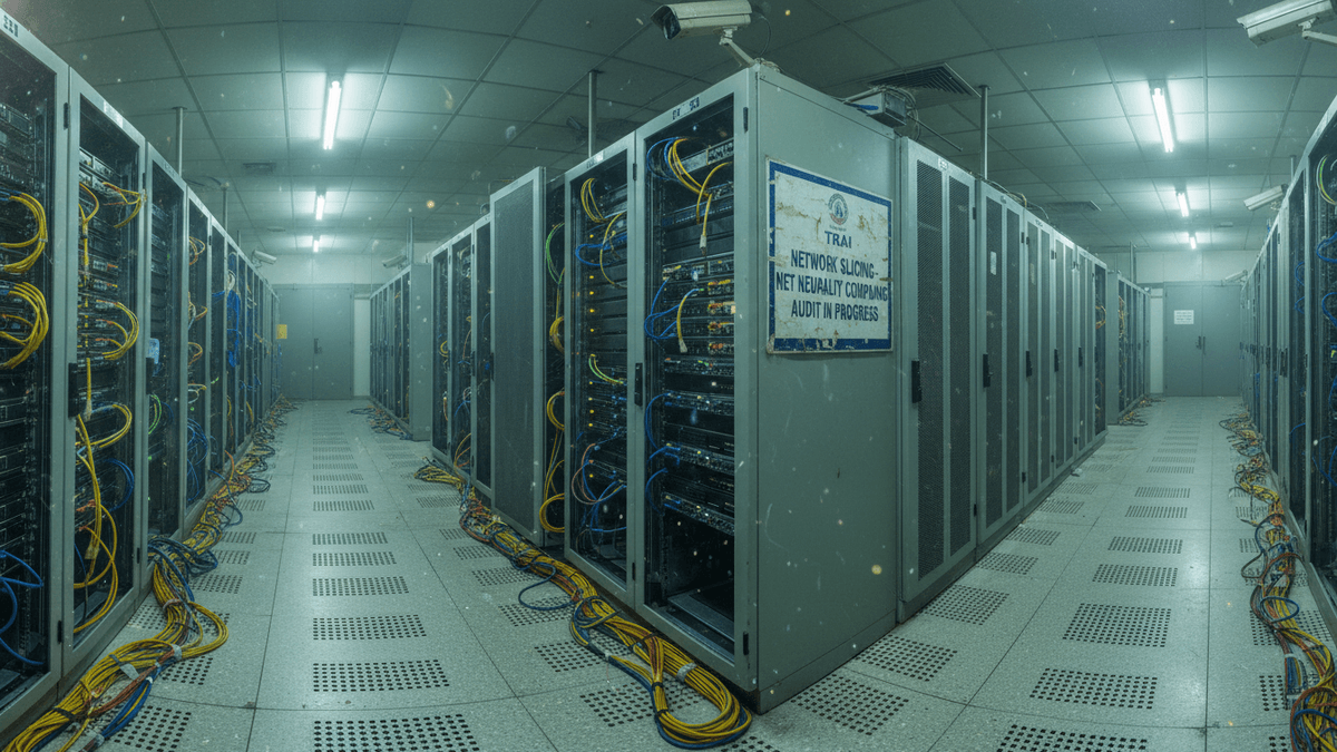 Wide shot of a brightly lit server room with rows of open server racks and a prominent audit notice.