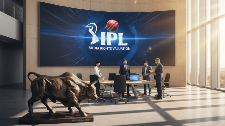 Four business professionals are in a sunlit conference room with a large screen displaying "IPL Media Rights Valuation."