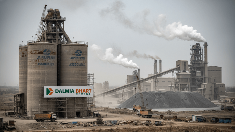 A wide shot of a large industrial cement plant under an overcast sky. Three tall, cylindrical silos dominate the left side, with "JAIPRAPRACH ASSOCIATES" visible on them, and a "DALMIA BHART CEMENT" sign affixed to the scaffolding in front. To the right, numerous industrial structures, conveyors, and smoking smokestacks indicate an active facility. A large pile of grey material sits in the middle ground, with dump trucks and construction equipment scattered around the dusty foreground.
