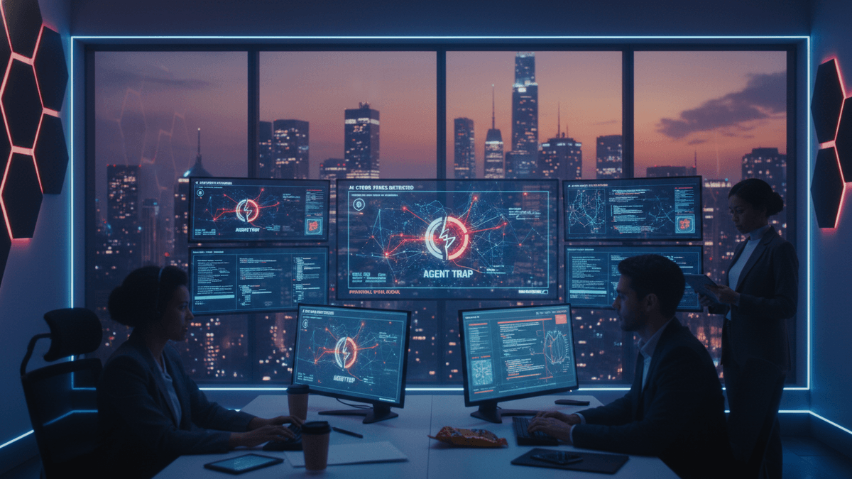 Two cybersecurity analysts work at computers in an office overlooking a city skyline at dusk, monitoring 'agent trap' threats on multiple screens.