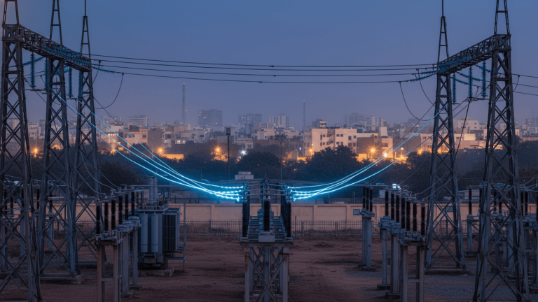 An electrical substation in New Delhi with glowing blue arcs of electricity between structures.