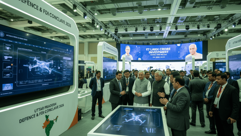 A wide shot of a bustling exhibition hall with attendees gathered around interactive displays, illuminated by bright overhead lights.