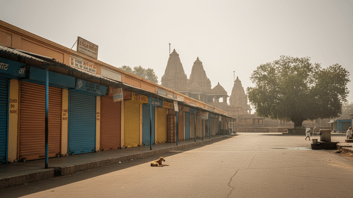 A wide shot of a deserted street in Khajuraho, India, with closed shops and temples in the background under hazy sunlight.