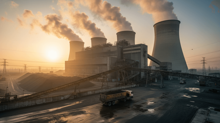 An ultra-realistic editorial photograph of a coal-fired power plant at sunrise, showing four cooling towers emitting steam, a large industrial building, and a dump truck carrying coal on a wet tarmac. Power lines are visible in the background, and piles of coal are on the left.