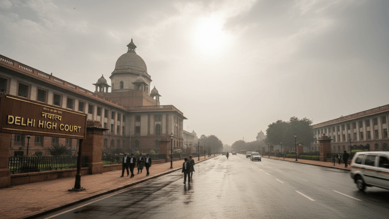 Exterior view of the Delhi High Court building, a large colonial-era structure, under a hazy sky with sunlight.