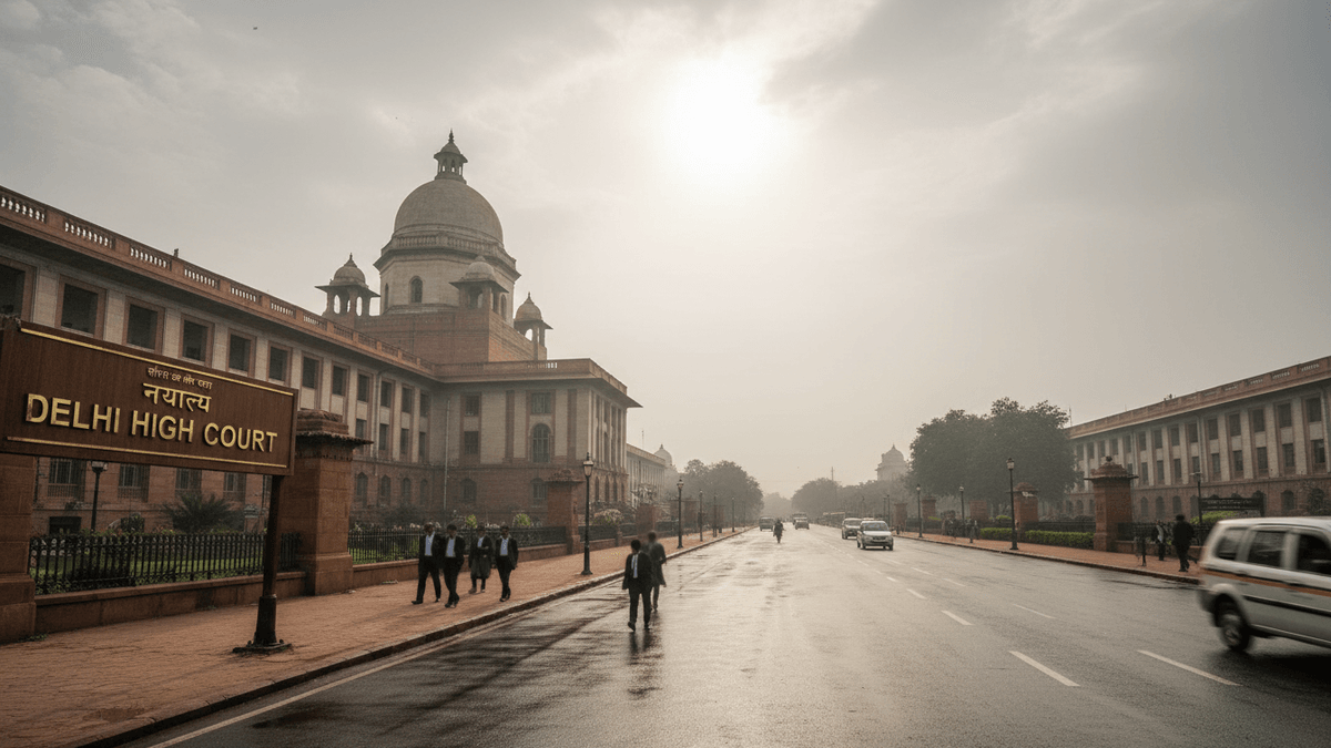 Exterior view of the Delhi High Court building, a large colonial-era structure, under a hazy sky with sunlight.