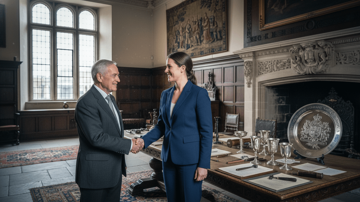 Sir Edward Braham, an older man in a suit, shakes hands with a younger woman in a blue suit inside a historic, wood-paneled room.