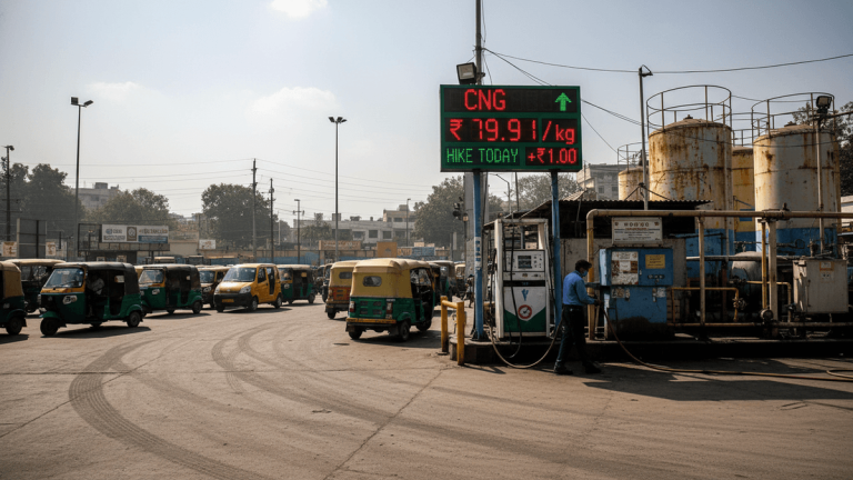 A wide shot of an outdoor CNG filling station with a digital sign showing "CNG ₹79.91/kg HIKETODAY ₹1.00", and multiple auto rickshaws waiting to refuel.