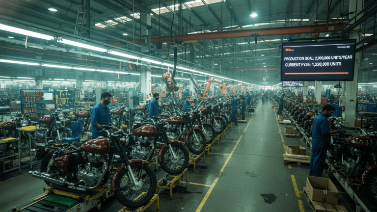 An industrial interior of a motorcycle assembly line with many motorcycles, workers, and a large digital production target screen.