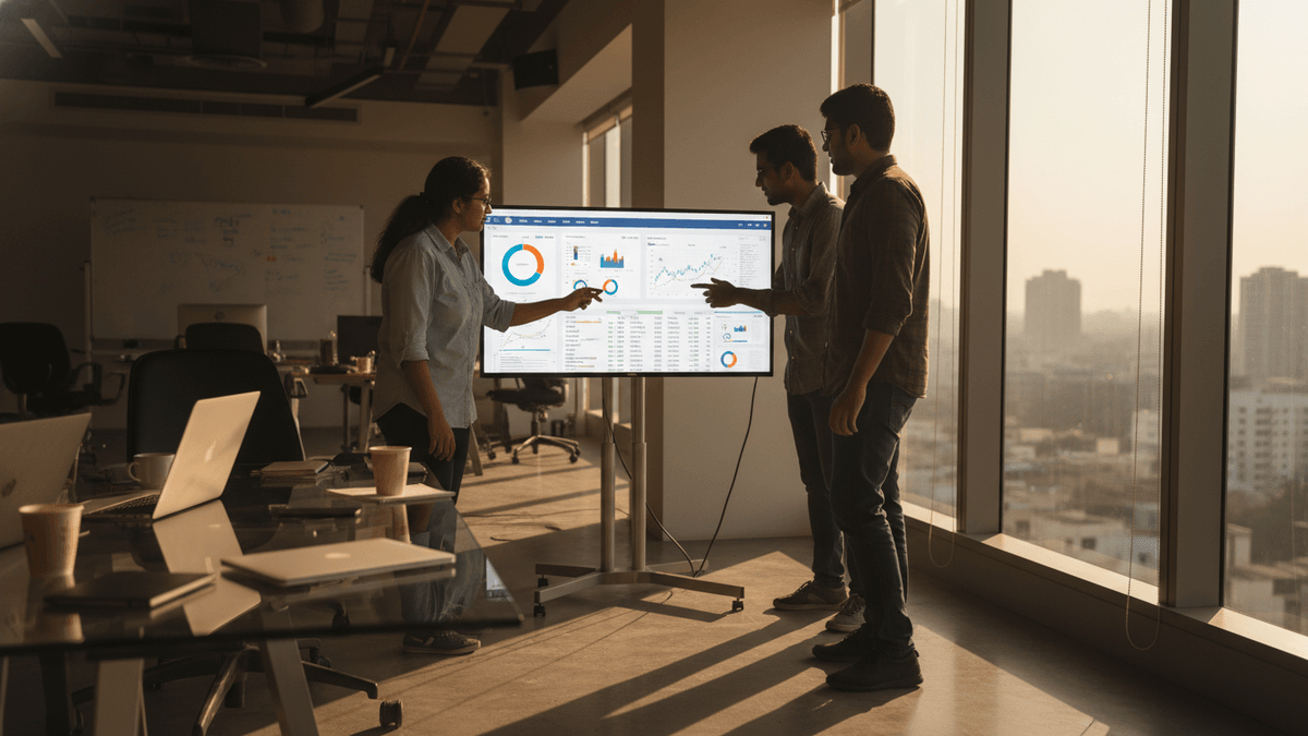 Three people, two men and one woman, stand around a large screen displaying charts and graphs, in a modern office with large windows.