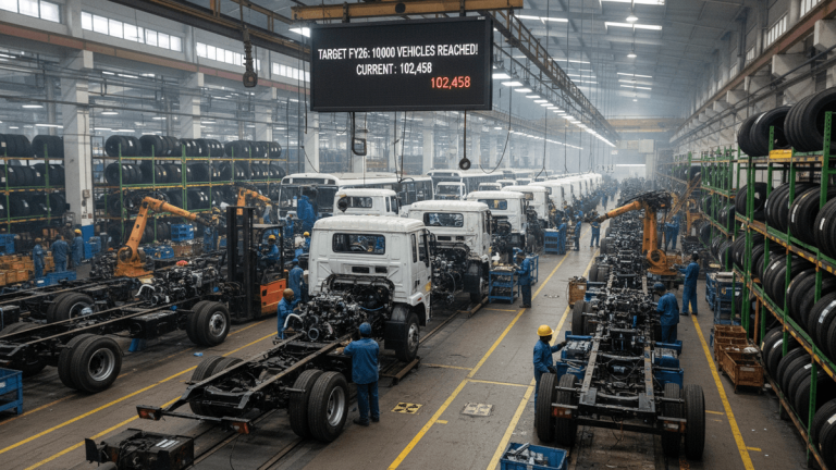 An expansive, brightly lit factory floor with commercial vehicle chassis moving along an assembly line, workers in blue uniforms, and a digital display showing "TARGET FY26: 100,000 VEHICLES REACHED! CURRENT: 102,458"