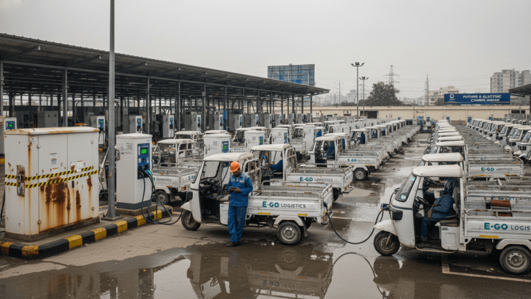 An expansive outdoor charging station under an overcast sky, with rows of white electric three-wheeler cargo vehicles. Workers are visible connecting charging cables.