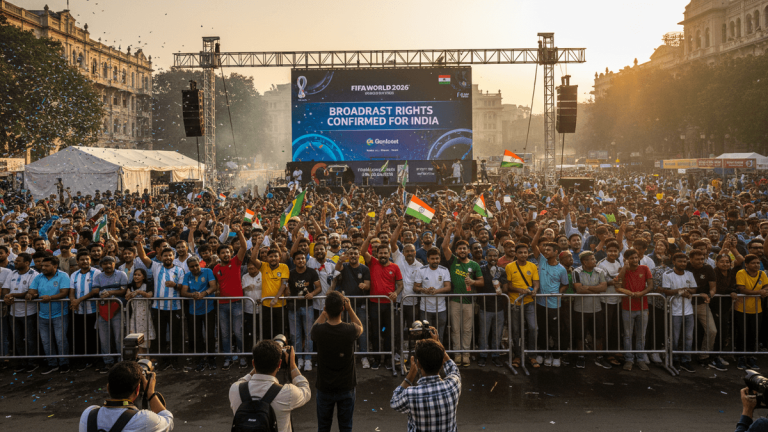 A large crowd of Indian football fans cheers in a city square, with a massive screen in the background displaying "FIFA WORLD CUP 2026 BROADCAST RIGHTS CONFIRMED FOR INDIA."