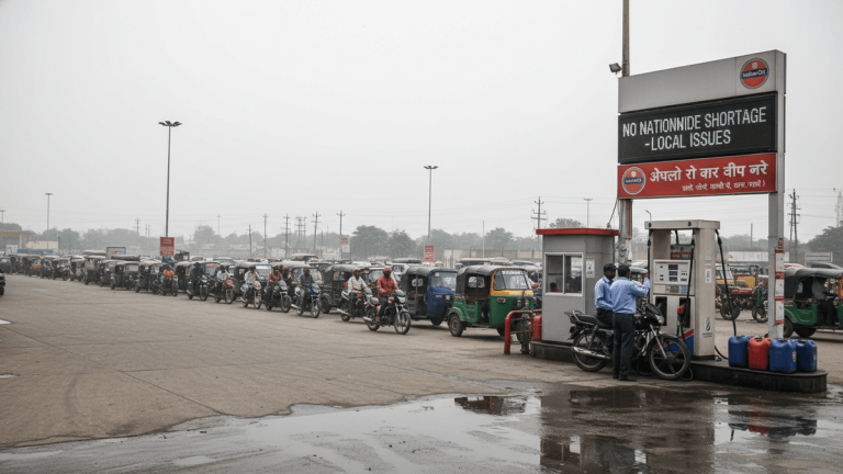 A long line of auto-rickshaws and motorcycles waits at an Indian Oil fuel station under an overcast sky.