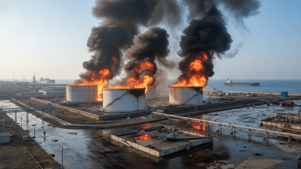 Wide shot of an oil terminal with three large white storage tanks engulfed in flames and thick black smoke. The ground is wet.