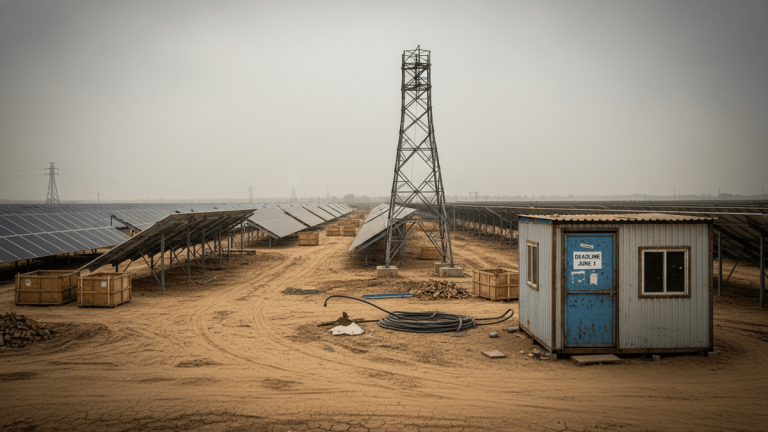 A wide shot of a dusty, uncompleted solar farm under an overcast sky, with rows of solar panels and a small blue construction office.