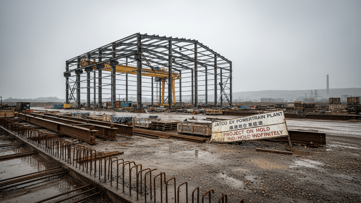 An unfinished steel frame building under a grey, overcast sky, with a sign indicating a project on hold.