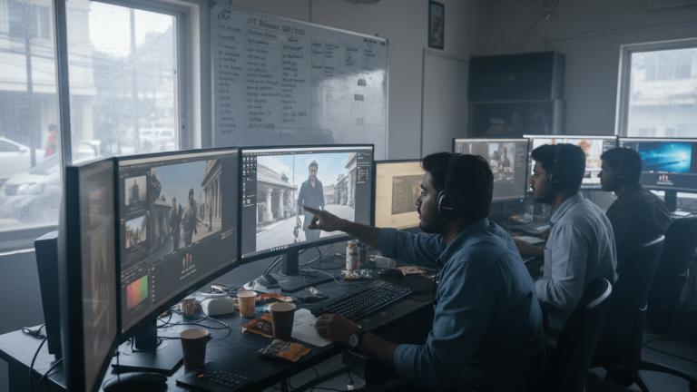 Three young men wearing headphones sit at computers, editing video content on multiple screens in a modern office.