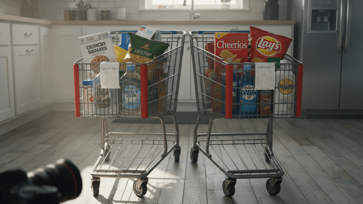 A clean, modern kitchen features two shopping carts. The left cart holds generic products; the right holds brand-name equivalents.