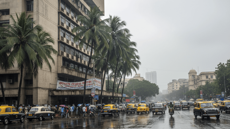 An establishing shot of a street with heavy traffic and pedestrians under overcast skies, with tall palm trees and a large building.