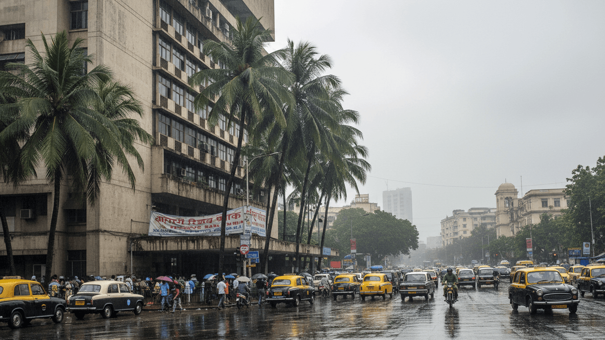 An establishing shot of a street with heavy traffic and pedestrians under overcast skies, with tall palm trees and a large building.