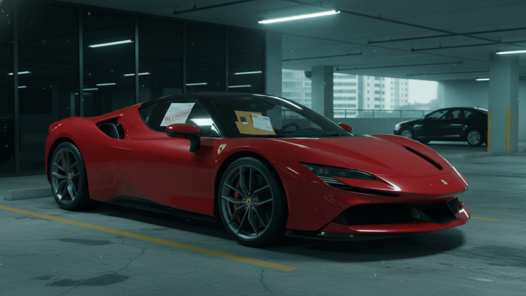 A glossy red Ferrari supercar is parked in a dim, concrete underground parking garage, with a notice reading "TAX EVASION" on its windshield.