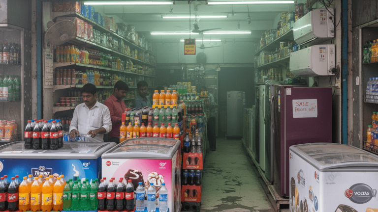 A man in a white shirt arranges plastic water bottles inside a brightly lit Kirana store in New Delhi, India.