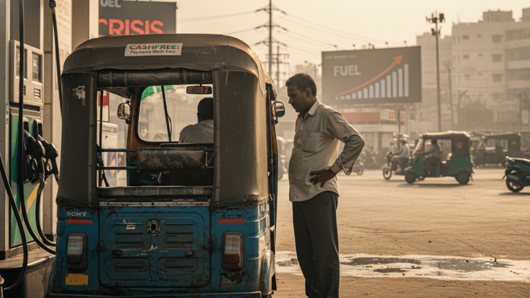 A man stands beside an auto-rickshaw at a gas station, with a "FUEL" billboard showing an upward trend in the background.