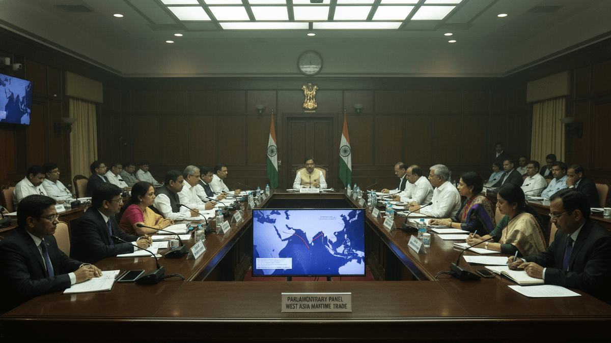 A wide-angle view of a large, wood-paneled conference room where a parliamentary panel is in session.