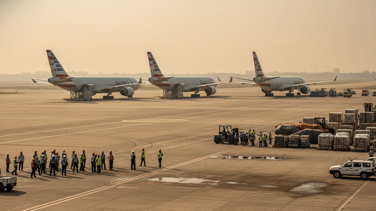 A wide shot of a hazy airport cargo apron with three large passenger planes parked. Workers in hard hats and vests are clustered near freight.