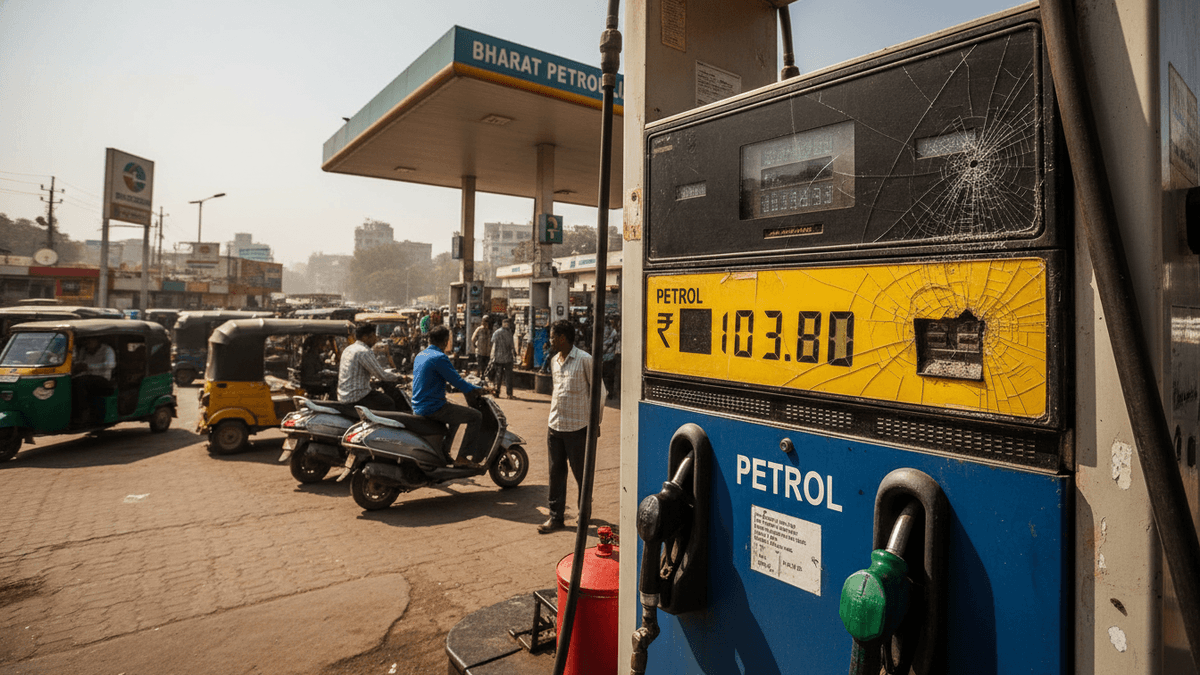 An old, cracked petrol pump with digital display showing "₹ 103.80" in an Indian city with scooters and auto-rickshaws.