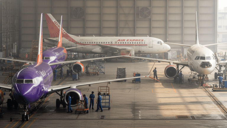Wide shot of a large, brightly lit aircraft hangar with three commercial passenger jets undergoing maintenance. Ground crew in blue uniforms are visible around the aircraft.