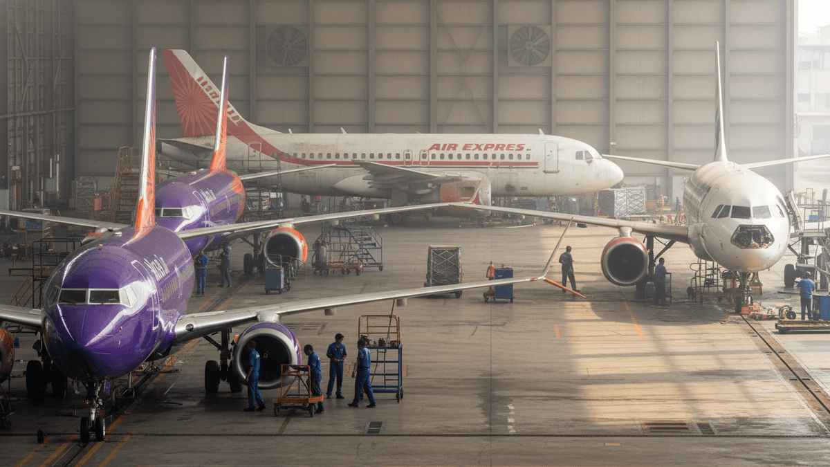Wide shot of a large, brightly lit aircraft hangar with three commercial passenger jets undergoing maintenance. Ground crew in blue uniforms are visible around the aircraft.