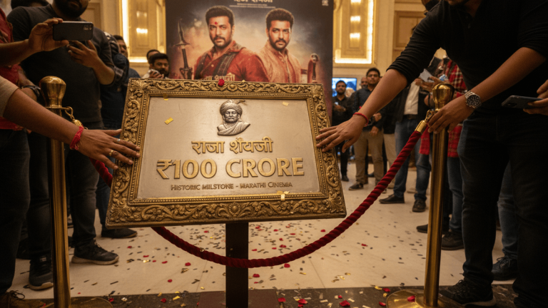 A close-up shot of a decorative plaque on a stand, reading "Raja Shivaji ₹100 CRORE HISTORIC MILESTONE - MARATHI CINEMA".