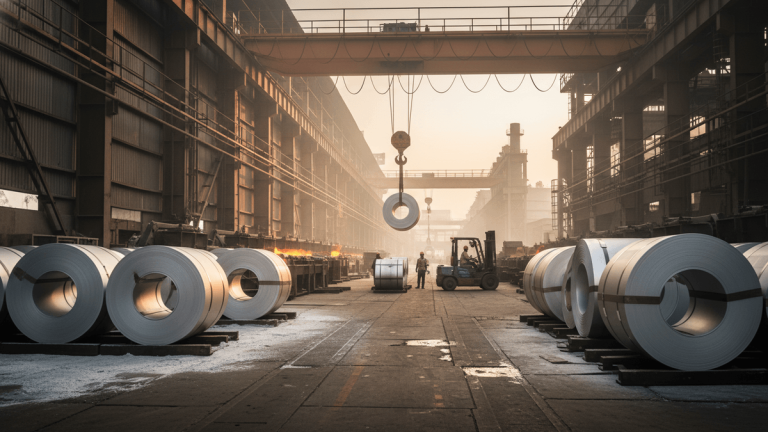 Wide shot inside a vast aluminum manufacturing plant with many large coiled aluminum sheets, a forklift, and an overhead crane.