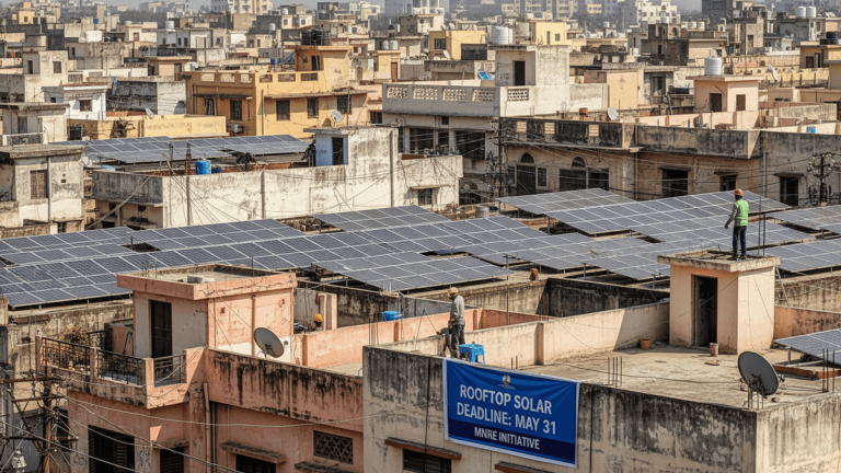 An aerial view of densely packed residential rooftops in an Indian city, many featuring solar panels, with a banner prominently displayed.