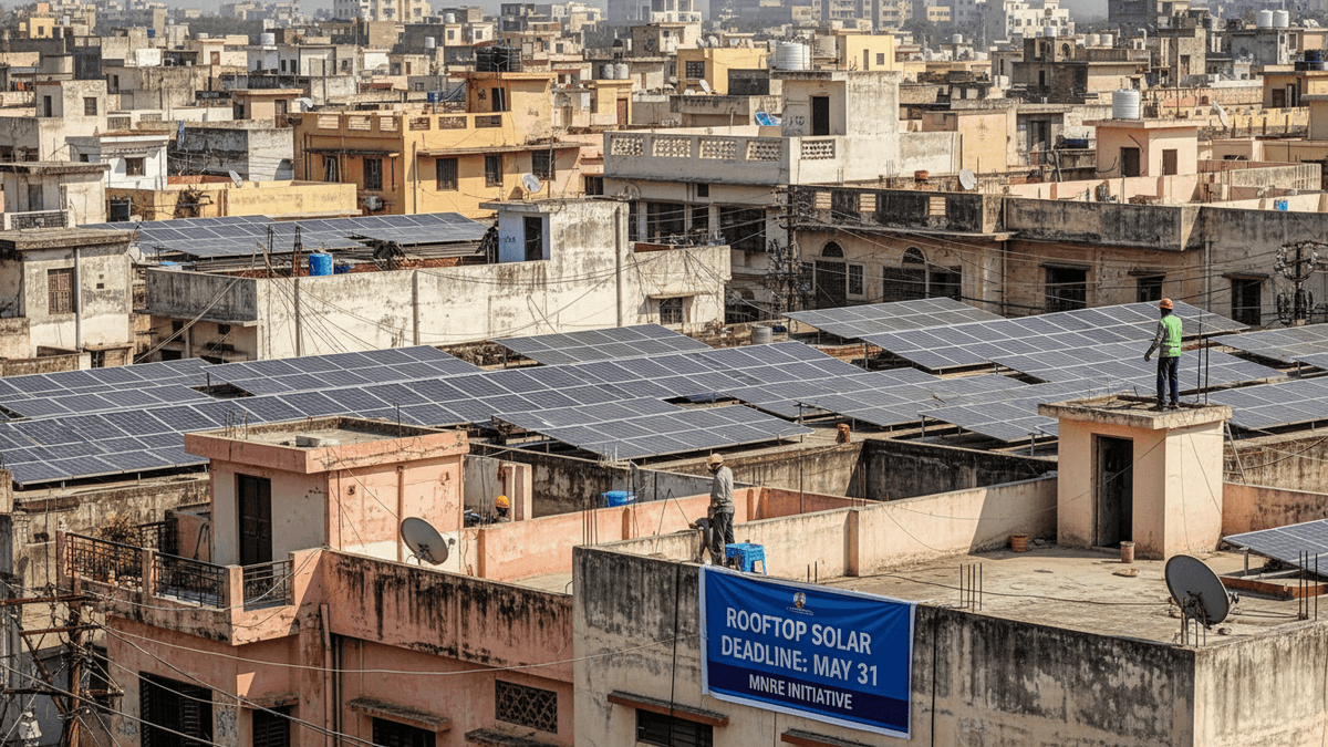 An aerial view of densely packed residential rooftops in an Indian city, many featuring solar panels, with a banner prominently displayed.