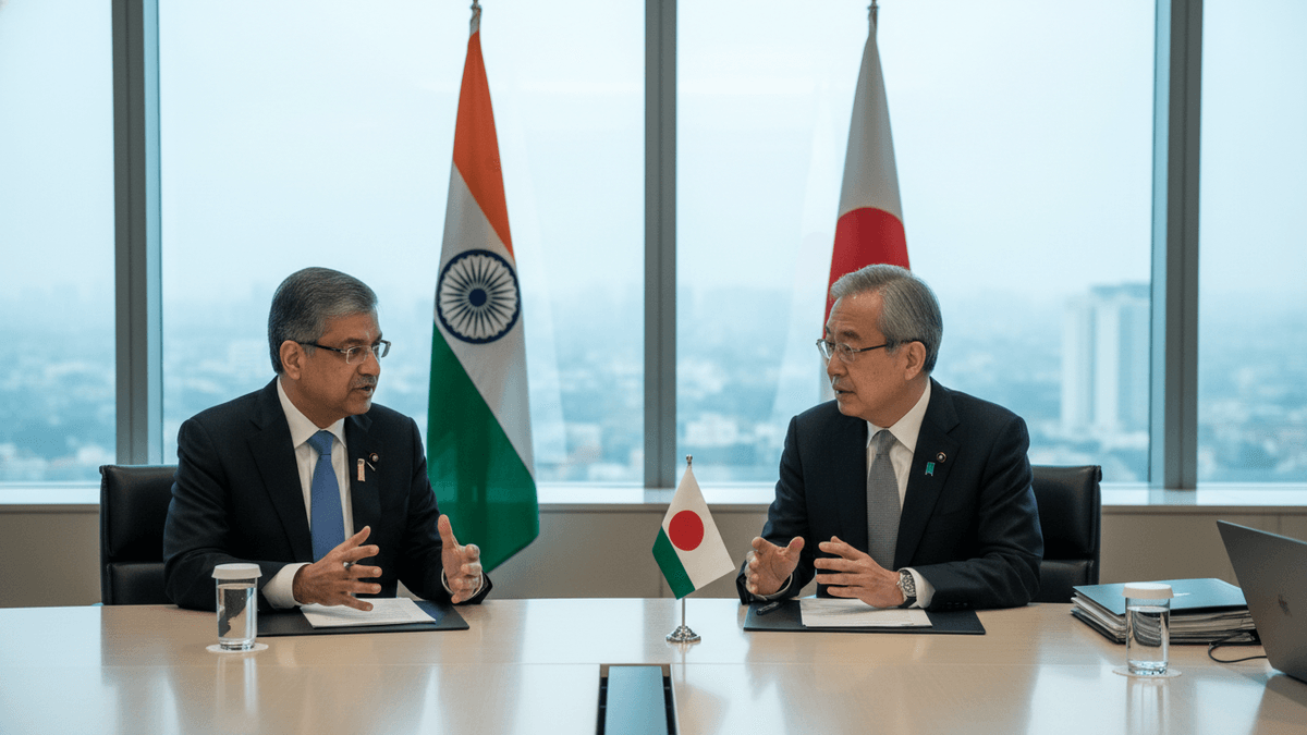Two men in suits sit across a large conference table, gesturing as they speak. Behind them, the flags of India and Japan stand tall against a window.
