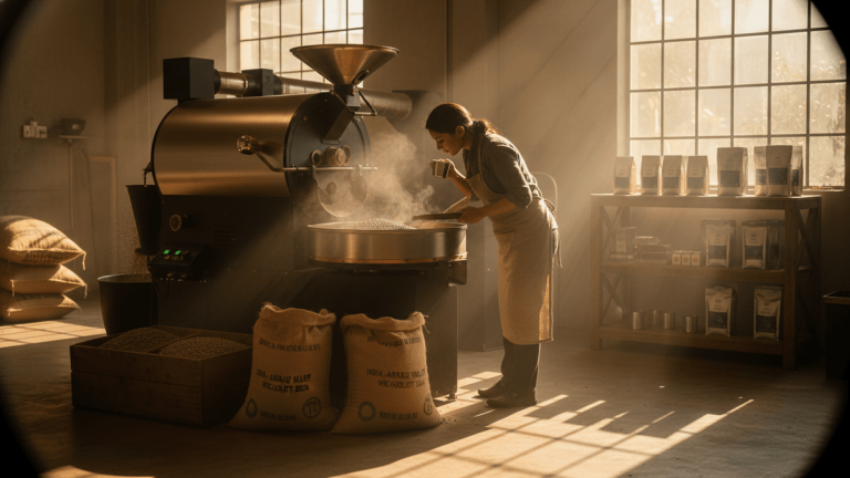 A woman inspects coffee beans mid-roast on an industrial coffee machine in a sunlit room with sacks of green beans.