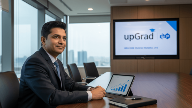 A man in a suit sits at a large conference table with a tablet displaying a financial graph. An upGrad logo is on a screen.