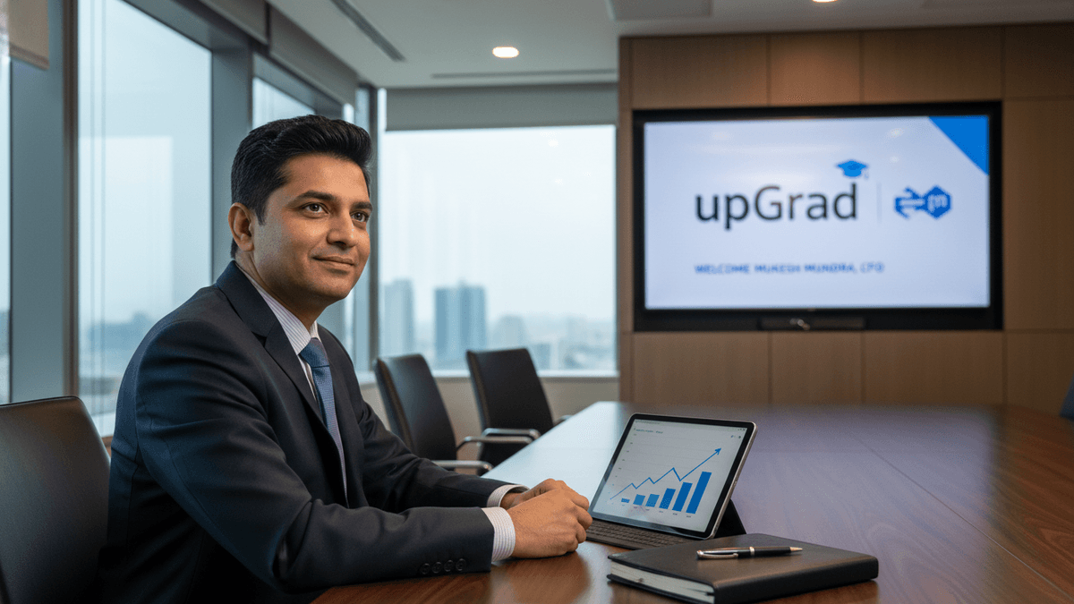 A man in a suit sits at a large conference table with a tablet displaying a financial graph. An upGrad logo is on a screen.