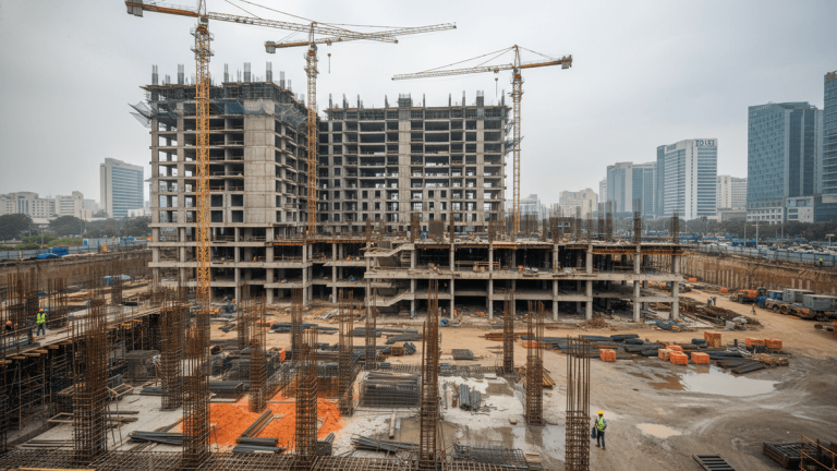A large construction site in India, with multiple high-rise buildings under construction, several cranes, and visible steel rebar.