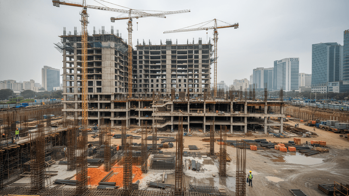 A large construction site in India, with multiple high-rise buildings under construction, several cranes, and visible steel rebar.