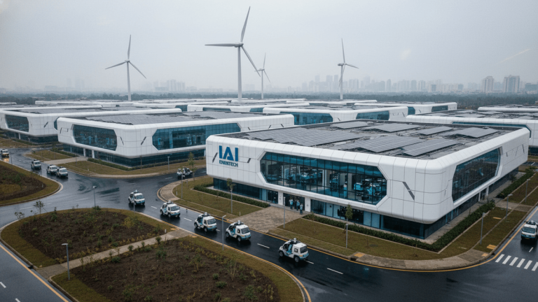 An aerial shot shows a modern corporate campus with sleek, white buildings, many featuring rooftop solar panels. Wind turbines are visible in the background against a hazy sky, and a few small, electric vehicles are driving on the campus roads.