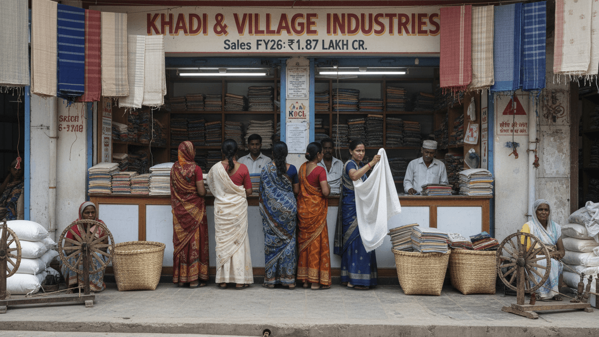 A storefront with "KHADI AND VILLAGE INDUSTRIES SALES FY26: 1.87 LAKH CR." signage. Several women in saris are looking at textiles inside, while men attend to them.