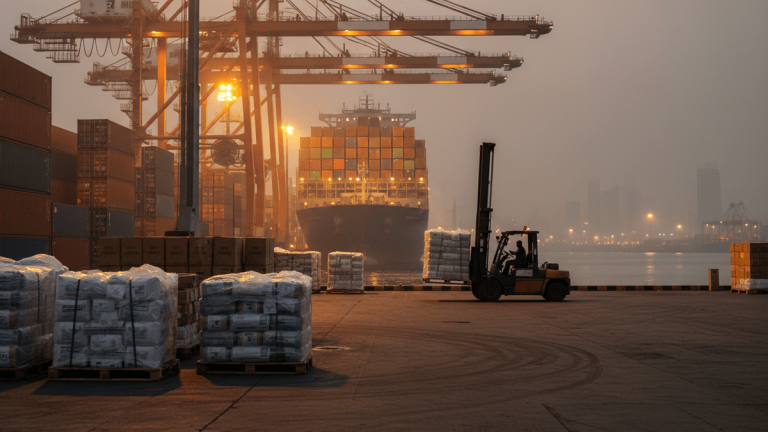 A wide shot of a bustling port at dawn with an industrial forklift moving pallets in the foreground, and a large container ship under cranes in the hazy background.
