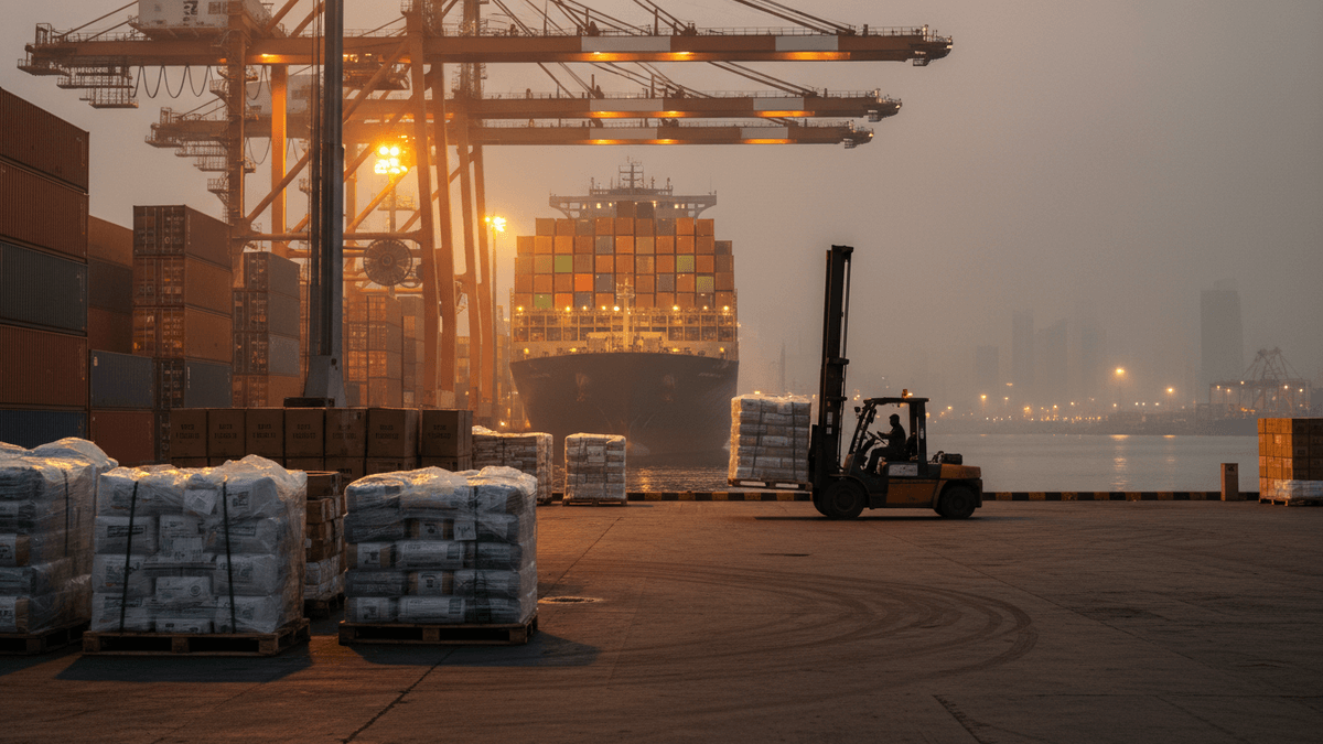 A wide shot of a bustling port at dawn with an industrial forklift moving pallets in the foreground, and a large container ship under cranes in the hazy background.